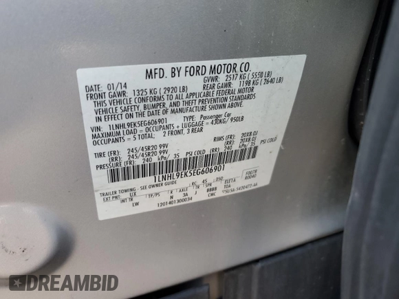 2014 Lincoln MKS with VIN 1LNHL9EK5EG606901, listed as a Copart auction lot 75300803 with 98,694 mi miles and Clean Title. Bid and sale history available at DreamBid. Image 13.