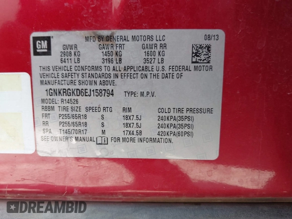 2014 Chevrolet Traverse LT with VIN 1GNKRGKD6EJ158794, listed as a IAAI auction lot 42127660 with 193,055 mi miles. Bid and sale history available at carsss.com. Image 9.