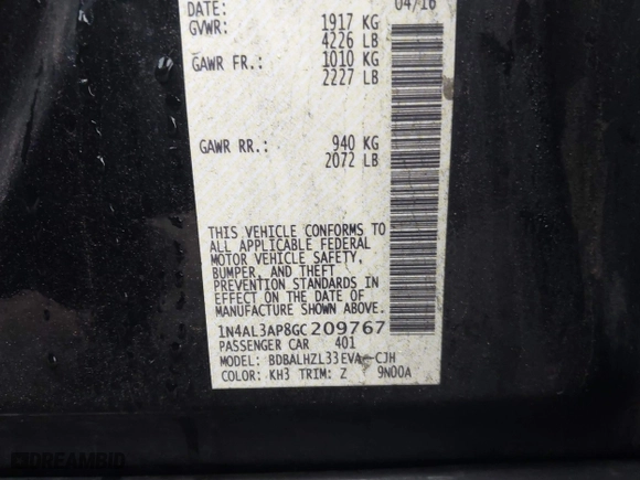 2016 Nissan Altima 2.5 SL with VIN 1N4AL3AP8GC209767, listed as a IAAI auction lot 38190423 with 95,899 mi miles. Bid and sale history available at carsss.com. Image 9.