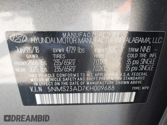2019 Hyundai Santa Fe SE with VIN 5NMS23AD7KH009688, listed as a IAAI auction lot 41991686 with 77,942 mi miles and . Bid and sale history available at DreamBid. Image 9.