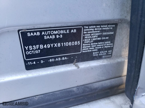 2008 Saab 9-3 with VIN YS3FB49YX81106085, listed as a Copart auction lot 59029934 with 0 mi miles and Salvage Title. Bid and sale history available at carsss.com. Image 14.