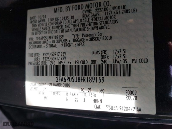 2015 Ford Fusion Energi Titanium with VIN 3FA6P0SU8FR189159, listed as a IAAI auction lot 41595744 with 170,558 mi miles. Bid and sale history available at carsss.com. Image 9.