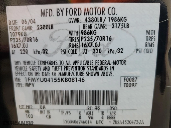 2005 Ford Escape Limited with VIN 1FMYU04155KB08146, listed as a Copart auction lot 41345005 with 269,797 mi miles and Salvage Title. Bid and sale history available at carsss.com. Image 13.
