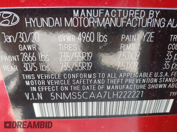 2020 Hyundai Santa Fe Limited with VIN 5NMS5CAA7LH222221, listed as a IAAI auction lot 41775537 with 64,519 mi miles. Bid and sale history available at carsss.com. Image 9.