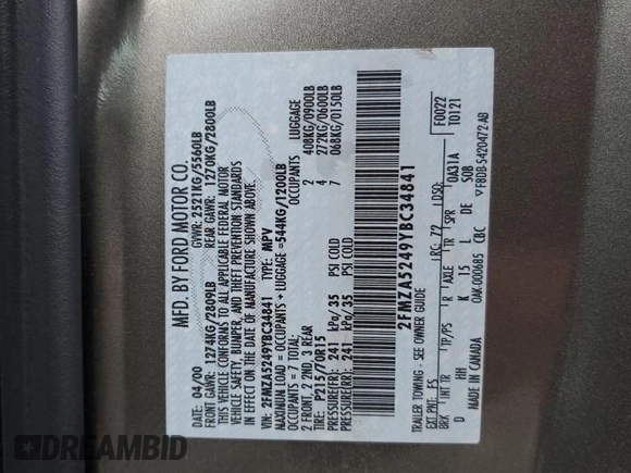 2000 Ford Windstar SE с VIN 2FMZA5249YBC34841, выставлен на аукционе Copart как лот 72383304 с пробегом Не указан миль и Списание • Salvage title. История ставок и продаж доступна на DreamBid. Изображение 13.