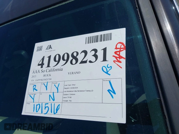 2013 Buick Verano z VIN 1G4PP5SK3D4207384, wystawiony jako IAAI lot #41998231 z przebiegiem 101 516 mil mil oraz . Historia ofert i sprzedaży dostępna na DreamBid. Obrazek 12.