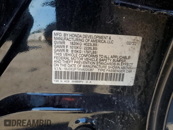2022 Acura ILX Premium with VIN 19UDE2F7XNA005387, listed as a Copart auction lot 89003205 with Not Provided miles and Salvage Title. Bid and sale history available at DreamBid. Image 12.