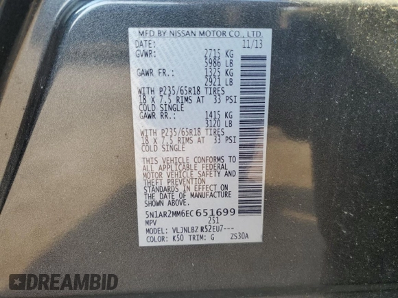 2014 Nissan Pathfinder SL with VIN 5N1AR2MM6EC651699, listed as a Copart auction lot 59836525 with 169,211 mi miles and Salvage title. Bid and sale history available at DreamBid. Image 13.