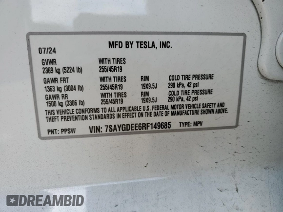 2024 Tesla Model Y Long Range с VIN 7SAYGDEE6RF149685, выставлен на аукционе Copart как лот 52986885 с пробегом Не указан миль и Списание • Salvage title. История ставок и продаж доступна на DreamBid. Изображение 12.