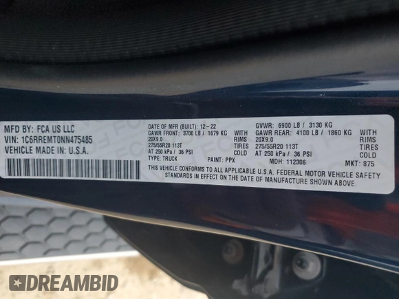 2022 Ram 1500 Big Horn with VIN 1C6RREMT0NN475485, listed as a Copart auction lot 78868054 with 52,306 mi miles and Salvage Title. Bid and sale history available at carsss.com. Image 12.