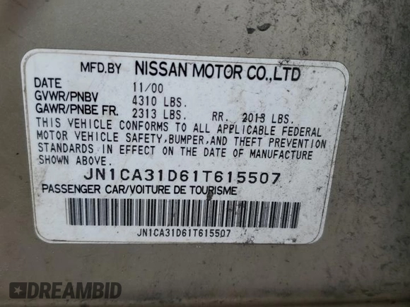 2001 Nissan Maxima GXE with VIN JN1CA31D61T615507, listed as a Copart auction lot 60787575 with Not provided miles and Salvage title. Bid and sale history available at DreamBid. Image 13.
