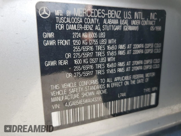 1998 Mercedes-Benz M 320/430/500 с VIN 4JGAB54E5WA043295, выставлен на аукционе Copart как лот 59549835 с пробегом 163 689 миль миль и Списание • Salvage title. История ставок и продаж доступна на DreamBid. Изображение 14.