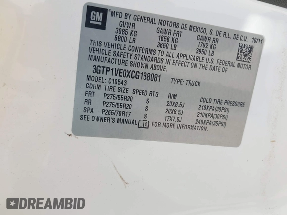 2012 GMC Sierra 1500 SLE with VIN 3GTP1VE0XCG138081, listed as a IAAI auction lot 41981074 with Not provided miles and . Bid and sale history available at DreamBid. Image 9.