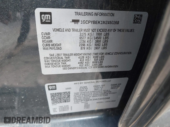 2021 Chevrolet Silverado 1500 Custom with VIN 1GCPYBEK1MZ450268, listed as a IAAI auction lot 42184650 with 30,642 mi miles and . Bid and sale history available at DreamBid. Image 9.