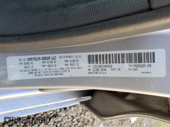 2015 Chrysler 200 Limited with VIN 1C3CCCAB1FN640322, listed as a Copart auction lot 50251365 with 117,603 mi miles and Salvage Title. Bid and sale history available at DreamBid. Image 14.