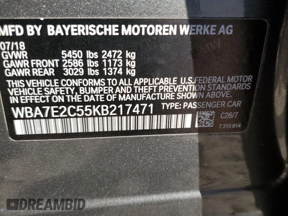 2019 BMW 7 Series 740i with VIN WBA7E2C55KB217471, listed as a Copart auction lot 37298003 with 53,293 mi miles. Bid and sale history available at carsss.com. Image 12.