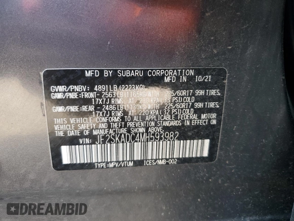 2021 Subaru Forester with VIN JF2SKADC4MH593982, listed as a Copart auction lot 55418575 with 57,706 mi miles and Salvage title. Bid and sale history available at DreamBid. Image 13.