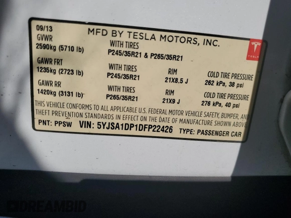 2013 Tesla Model S Performance with VIN 5YJSA1DP1DFP22426, listed as a Copart auction lot 66045915 with 88,757 mi miles and Salvage title. Bid and sale history available at DreamBid. Image 14.