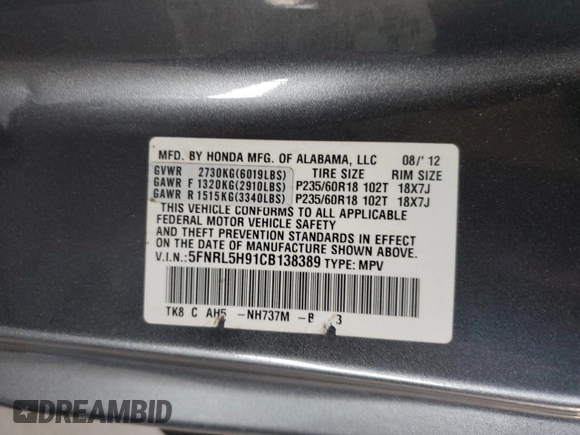 2012 Honda Odyssey Touring с VIN 5FNRL5H91CB138389, выставлен на аукционе Copart как лот 61137135 с пробегом 161 468 миль миль и Чистый • Clean title. История ставок и продаж доступна на DreamBid. Изображение 13.