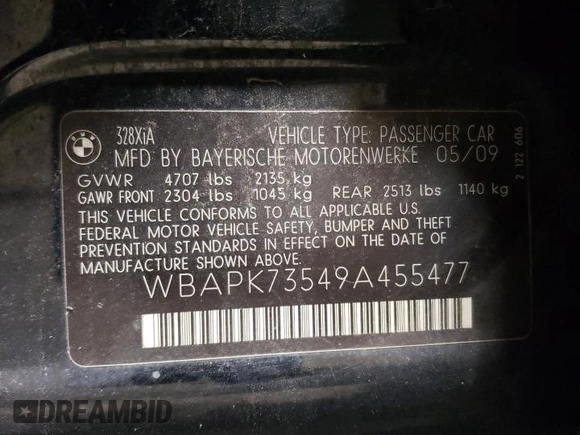2009 BMW 3 Series 328i xDrive with VIN WBAPK73549A455477, listed as a Copart auction lot 56562895 with 162,783 mi miles and Salvage title. Bid and sale history available at DreamBid. Image 12.