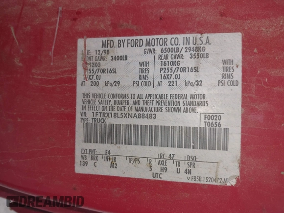 1999 Ford F-150 XL with VIN 1FTRX18L5XNA88483, listed as a IAAI auction lot 42717246 with 251,723 mi miles and . Bid and sale history available at DreamBid. Image 9.