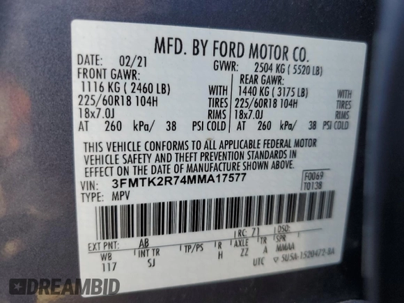 2021 Ford Mustang Mach-E California Route 1 with VIN 3FMTK2R74MMA17577, listed as a Copart auction lot 75107324 with 54,101 mi miles and Salvage Title. Bid and sale history available at DreamBid. Image 12.