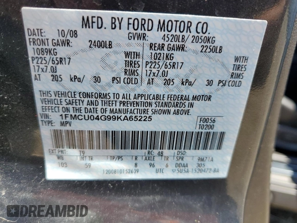 2009 Ford Escape Limited with VIN 1FMCU04G99KA65225, listed as a Copart auction lot 55912495 with 161,849 mi miles and Salvage title. Bid and sale history available at DreamBid. Image 13.