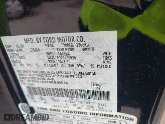 2009 Ford F-150 XL с VIN 1FTPW14VX9KB90058, выставлен на аукционе IAAI как лот 42608936 с пробегом 200 050 миль миль и . История ставок и продаж доступна на DreamBid. Изображение 9.