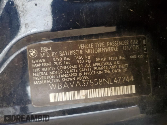 2008 BMW 3 Series 328i z VIN WBAVA37558NL47244, wystawiony jako Copart lot #59592515 z przebiegiem 165 900 mil mil oraz Szkoda całkowita • Salvage title. Historia ofert i sprzedaży dostępna na DreamBid. Obrazek 12.