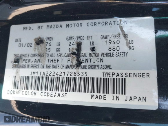 2002 Mazda Millenia S z VIN JM1TA222421728535, wystawiony jako IAAI lot #41525259 z przebiegiem 131 870 mil mil oraz . Historia ofert i sprzedaży dostępna na DreamBid. Obrazek 9.