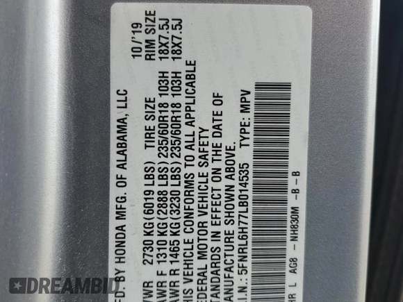 2020 Honda Odyssey EX-L with VIN 5FNRL6H77LB014535, listed as a Copart auction lot 52105275 with 112,542 mi miles and Salvage Title. Bid and sale history available at carsss.com. Image 13.