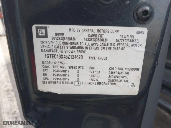 2005 GMC Sierra 1500 Work Truck with VIN 1GTEC19X45Z124620, listed as a IAAI auction lot 41538446 with 1 mi miles. Bid and sale history available at carsss.com. Image 9.