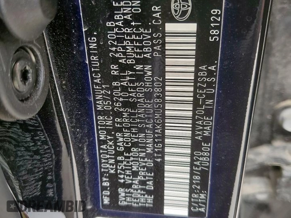 2021 Toyota Camry SE Nightshade with VIN 4T1G11AK6MU583802, listed as a Copart auction lot 51330545 with 6,827 mi miles and Salvage Title. Bid and sale history available at carsss.com. Image 12.