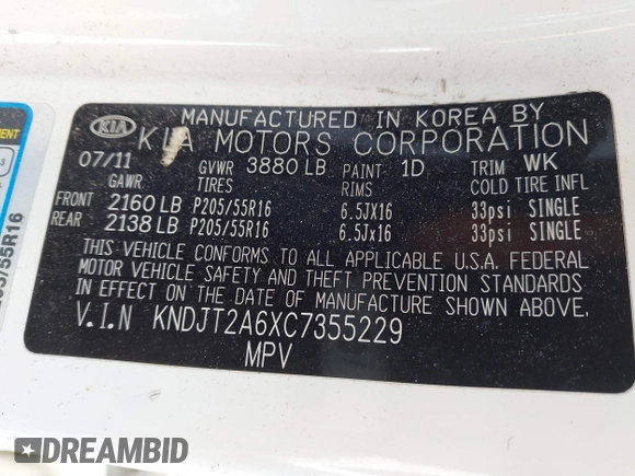 2012 Kia Soul + with VIN KNDJT2A6XC7355229, listed as a IAAI auction lot 41811989 with 111,008 mi miles. Bid and sale history available at carsss.com. Image 9.