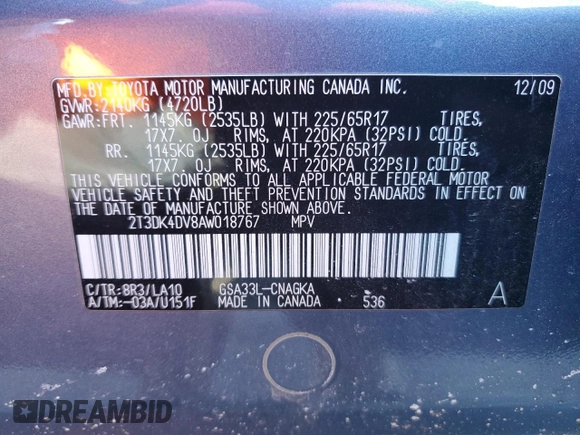 2010 Toyota RAV4 Ltd with VIN 2T3DK4DV8AW018767, listed as a Copart auction lot 43437065 with 97,358 mi miles and Salvage Title. Bid and sale history available at carsss.com. Image 13.