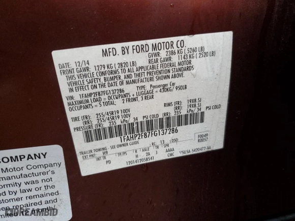 2015 Ford Taurus Limited with VIN 1FAHP2F87FG137286, listed as a Copart auction lot 43583145 with 104,823 mi miles and Non Repairable. Bid and sale history available at carsss.com. Image 12.