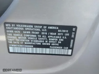 2012 Volkswagen Passat SE with VIN 1VWBH7A38CC066959, listed as a IAAI auction lot 41947804 with 171,738 mi miles. Bid and sale history available at carsss.com. Image 9.