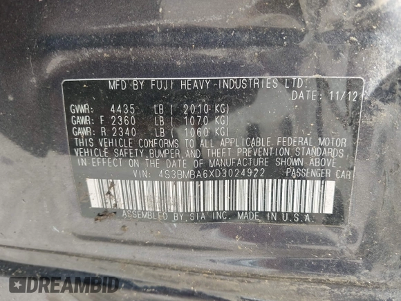 2013 Subaru Legacy 2.5i with VIN 4S3BMBA6XD3024922, listed as a IAAI auction lot 42683467 with 89,888 mi miles and . Bid and sale history available at DreamBid. Image 9.