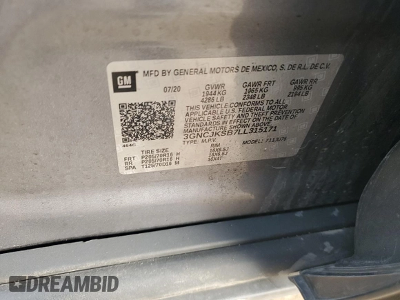 2020 Chevrolet Trax LS with VIN 3GNCJKSB7LL315171, listed as a Copart auction lot 50702695 with 49,321 mi miles and Non Repairable. Bid and sale history available at carsss.com. Image 14.