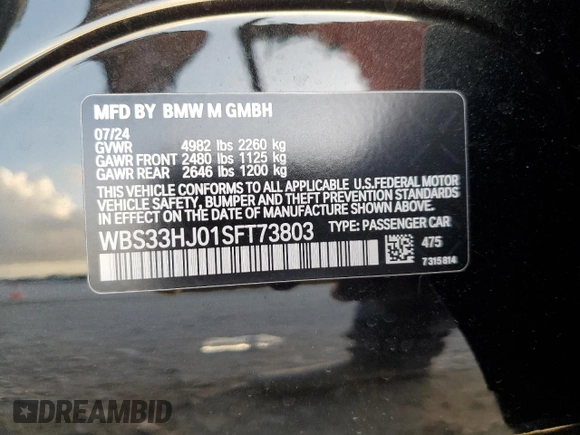 2025 BMW M3 Competition xDrive z VIN WBS33HJ01SFT73803, wystawiony jako Copart lot #85042904 z przebiegiem Nie podano mil oraz Szkoda całkowita • Salvage title. Historia ofert i sprzedaży dostępna na DreamBid. Obrazek 14.