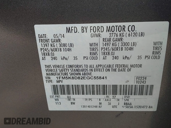 2014 Ford Explorer XLT with VIN 1FM5K8D82EGC55841, listed as a IAAI auction lot 42113070 with 150,387 mi miles and . Bid and sale history available at carsss.com. Image 9.