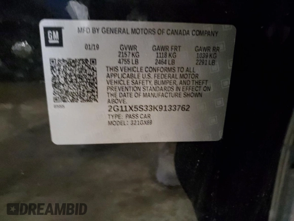 2019 Chevrolet Impala LS with VIN 2G11X5S33K9133762, listed as a Copart auction lot 49174385 with 107,599 mi miles and Clean Title. Bid and sale history available at DreamBid. Image 12.