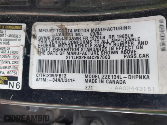2004 Toyota Matrix Std z VIN 2T1LR32E34C297063, wystawiony jako IAAI lot #42161007 z przebiegiem 169 775 mil mil oraz . Historia ofert i sprzedaży dostępna na DreamBid. Obrazek 9.