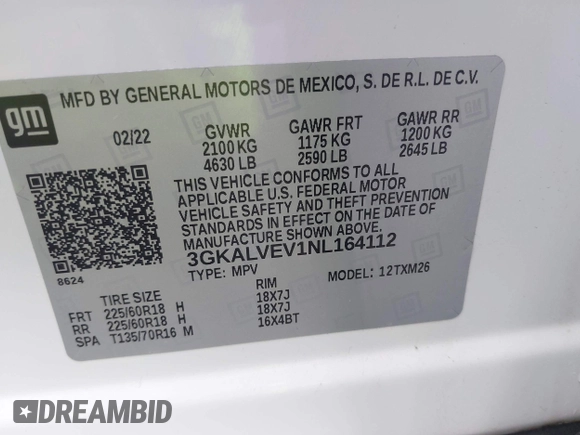 2022 GMC Terrain SLT with VIN 3GKALVEV1NL164112, listed as a IAAI auction lot 42474532 with 101,649 mi miles and . Bid and sale history available at DreamBid. Image 9.