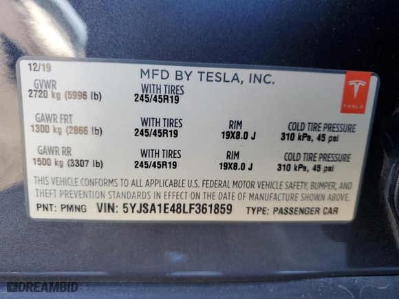 2020 Tesla Model S Performance with VIN 5YJSA1E48LF361859, listed as a Copart auction lot 82632984 with NaN miles and Salvage Title. Bid and sale history available at carsss.com. Image 12.