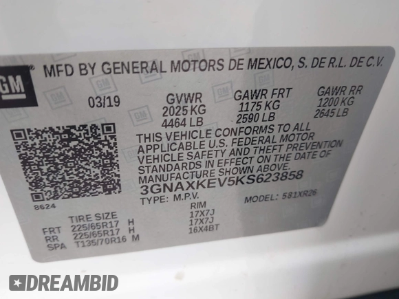 2019 Chevrolet Equinox LT z VIN 3GNAXKEV5KS623858, wystawiony jako IAAI lot #42157971 z przebiegiem 76 193 mil mil oraz . Historia ofert i sprzedaży dostępna na DreamBid. Obrazek 9.