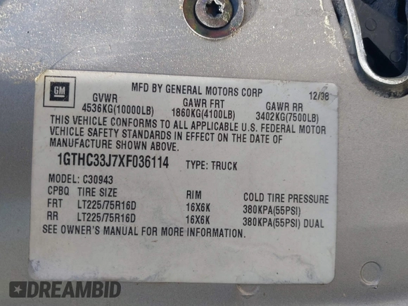 1999 GMC Sierra 3500 z VIN 1GTHC33J7XF036114, wystawiony jako IAAI lot #39848962 z przebiegiem Nie podano mil oraz . Historia ofert i sprzedaży dostępna na DreamBid. Obrazek 9.