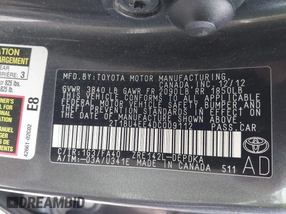2013 Toyota Corolla L with VIN 2T1BU4EE4DC009112, listed as a IAAI auction lot 41971642 with 96,603 mi miles. Bid and sale history available at carsss.com. Image 9.