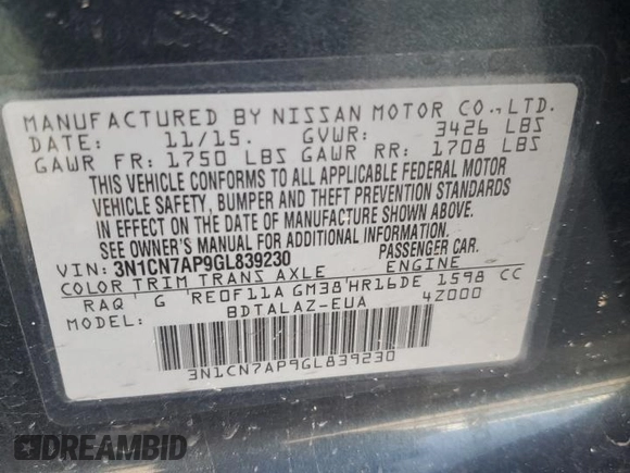 2016 Nissan Versa S Plus with VIN 3N1CN7AP9GL839230, listed as a Copart auction lot 58533005 with 82,623 mi miles and Salvage title. Bid and sale history available at DreamBid. Image 12.