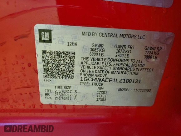 2020 Chevrolet Silverado 1500 Work Truck with VIN 1GCRWAEF1LZ180131, listed as a Copart auction lot 77187734 with 144,983 mi miles and Clean Title. Bid and sale history available at DreamBid. Image 12.
